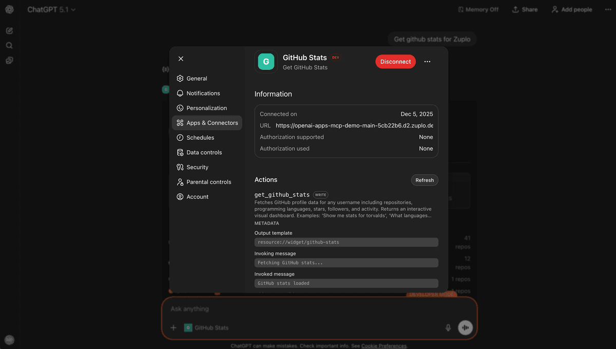 The settings for the app in ChatGPT